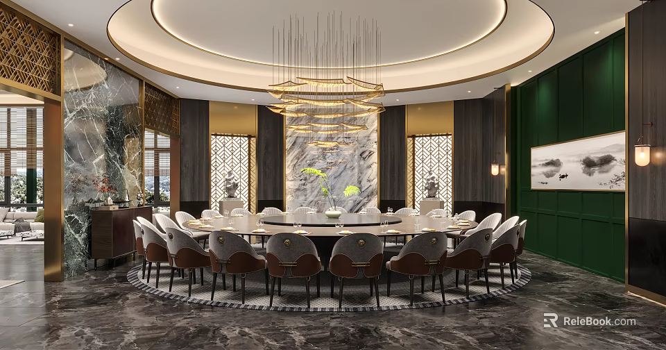 Luxurious Private Dining Room With Round Table And Chandelier 3d model
