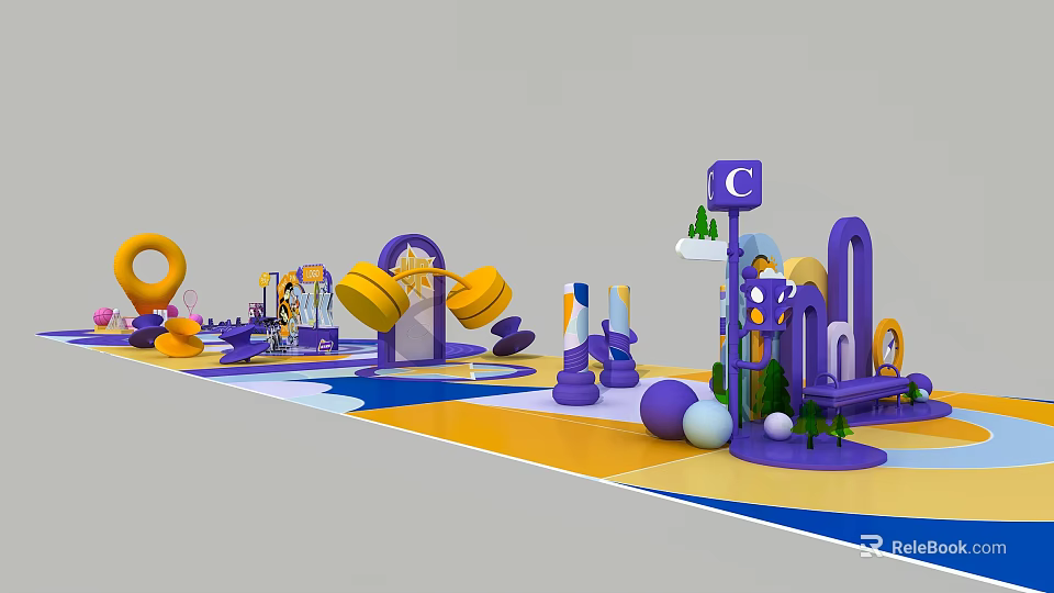 Vibrant Purple Yellow Kids Play Area Photo Check In Spot With Dumbbells Rings Green Plants 3d model 