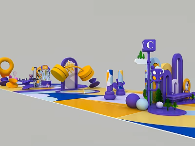 Vibrant Purple Yellow Kids Play Area Photo Check In Spot With Dumbbells Rings Green Plants 3d model