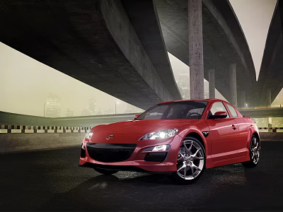 Dynamic Red Sports Car Parked Under Urban Overpasses With City View 3d model