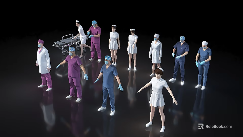 Group of Medical Professionals in Different Colored Uniforms Standing Together 3d model 