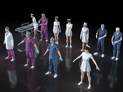 Group of Medical Professionals in Different Colored Uniforms Standing Together 3d model