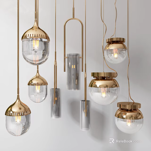 Modern Golden Metal And Transparent Glass Chandeliers With Various Hanging Designs For Interior Decor 3d model 