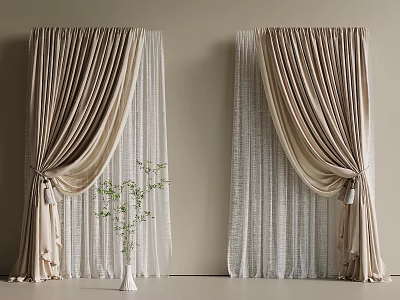 Elegant Beige Velvet Curtains With Sheer White Panels For Living Room Window 3d model