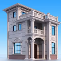 European Style Three Story Detached Villa With Arched Porch Balconies Large Windows And Stone Exterior