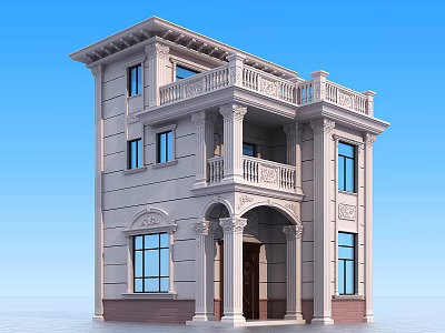 European Style Three Story Detached Villa With Arched Porch Balconies Large Windows And Stone Exterior 3d model