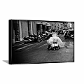 Black and White Bridal Couple Portrait Painting With Scooter Street Scene And Motorcycles