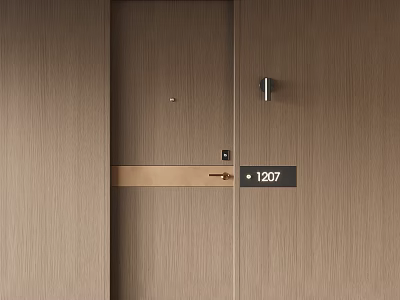 Wooden Room Door With Modern Handle And Room Number 1207 Sign 3d model