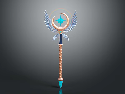 Mythical Decorative Scepter With Blue Moon Star And Golden Wings On Spiral Shaft 3d model