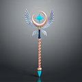 Mythical Decorative Scepter With Blue Moon Star And Golden Wings On Spiral Shaft