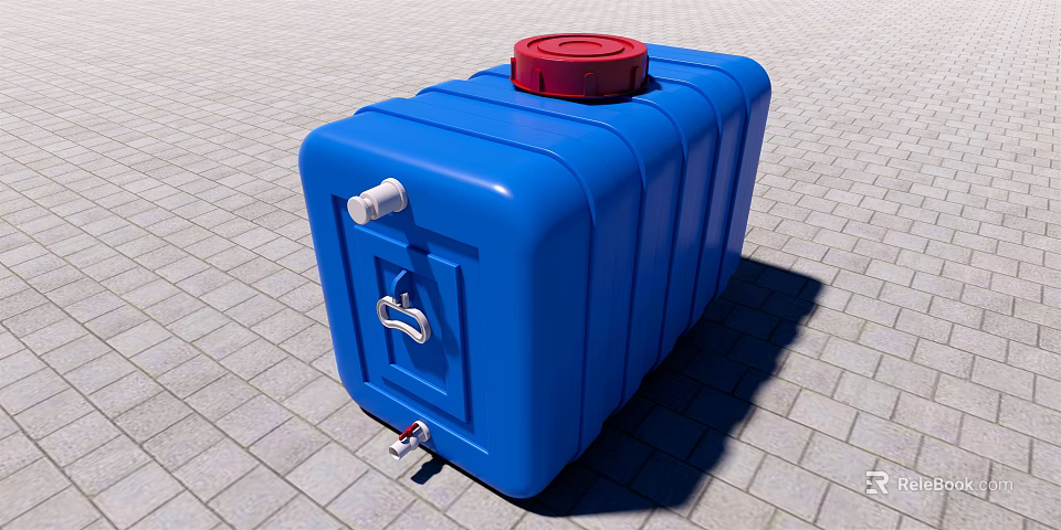 Industrial Equipment Blue Storage Tank With Red Lid And White Valve Handle 3d model 