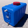 Industrial Equipment Blue Storage Tank With Red Lid And White Valve Handle