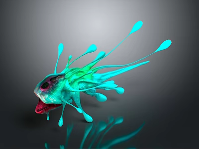 Colorful Abstract Creature With Shiny Green Blue Red Tentacles And Reflection On Gray Background 3d model