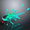 Colorful Abstract Creature With Shiny Green Blue Red Tentacles And Reflection On Gray Background