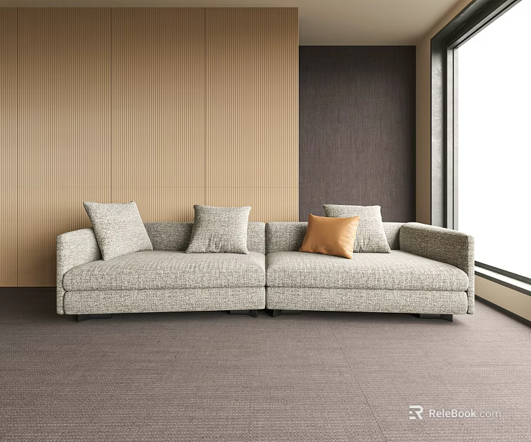 Double Sofa with Pillows Gray Carpet Modern Interior Wooden Wall Dark Panel and Large Window 3d model