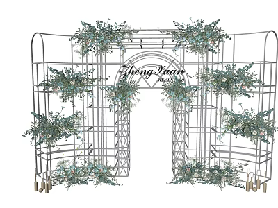 Decorative Iron Arch With Green Floral Arrangements Zhong Duan Lettering and Small Decorative Items 3d model