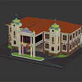 Traditional Building With Red Roof Yellow Domes White Columns Brown Walls And Balcony Design