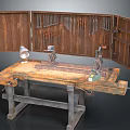 Vintage Wooden Workbench with Open Tool Cabinet Hanging Tools and Vise on Worn Surface