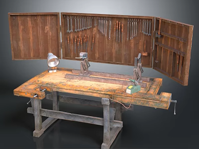 Vintage Wooden Workbench with Open Tool Cabinet Hanging Tools and Vise on Worn Surface 3d model