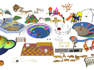 Colorful Playground Equipment With Slides Swings Climbing Frames Sandpits And Water Pools 3d model