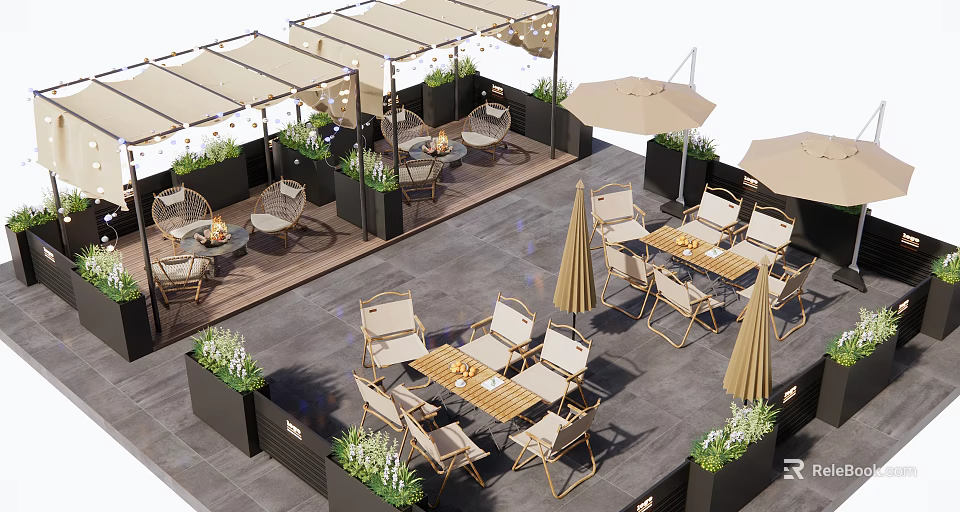 Restaurant Outdoor Patio With Canopies Wooden Tables Chairs Beige Umbrellas And Green Plants 3d model 