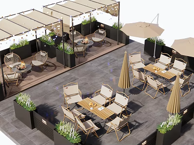 Restaurant Outdoor Patio With Canopies Wooden Tables Chairs Beige Umbrellas And Green Plants 3d model
