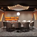 Elegant Restaurant Interior With Round Dining Table Decorative Ceiling Lights And Wavy Wall Design 3d model