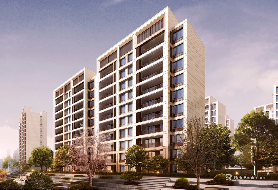 Modern Multi Storey Residential Building Exterior With Trees And Balconies 3d model 