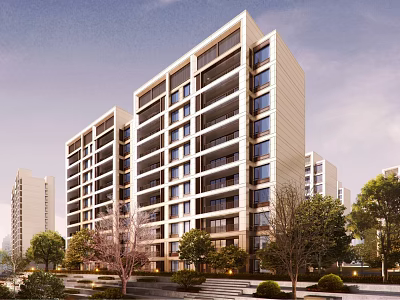 Modern Multi Storey Residential Building Exterior With Trees And Balconies 3d model