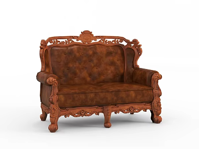 Classic Double Sofa With Carved Wooden Frame And Brown Leather Upholstery 3d model