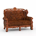 Classic Double Sofa With Carved Wooden Frame And Brown Leather Upholstery