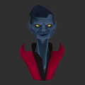 Game Movie Character With Blue Skin Yellow Eyes And Red Black Outfit