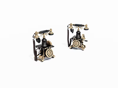 Two Vintage Telephones With Rotary Dials And Black Gold Retro Design 3d model