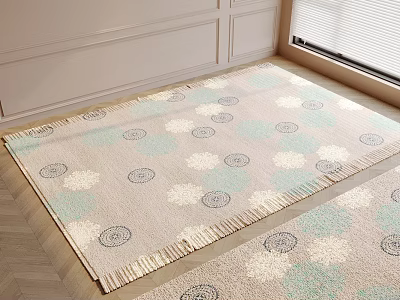 Beige Square Rug With White Light Blue Circular Patterns Fringe Edges On Bright Wooden Floor 3d model