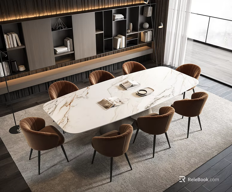 Modern Dining Table Set With White Marble Top And Brown Velvet Chairs In Modern Living Area 3d model 