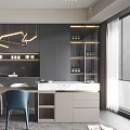 Modern Restaurant Interior With Marble Island Counter Blue Chairs Wine Racks And Hanging Lights