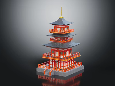 Traditional Japanese Pagoda Featuring Multi Floors Red Framework Black Roofs Golden Top Balconies Gray Platform 3d model