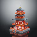 Traditional Japanese Pagoda Featuring Multi Floors Red Framework Black Roofs Golden Top Balconies Gray Platform