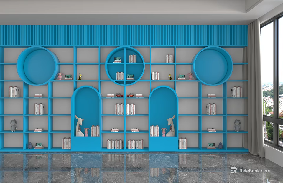 Blue Storage Shelf Unit With Circular Arched Design And Layered Shelves For Books Decorations 3d model 