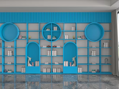 Blue Storage Shelf Unit With Circular Arched Design And Layered Shelves For Books Decorations 3d model