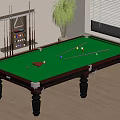 Billiard Table With Green Felt Surface Balls Cues And Potted Plant In Room