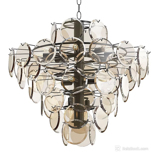 Modern Layered Glass Chandelier With Circular Elements And Metal Frame 3d model