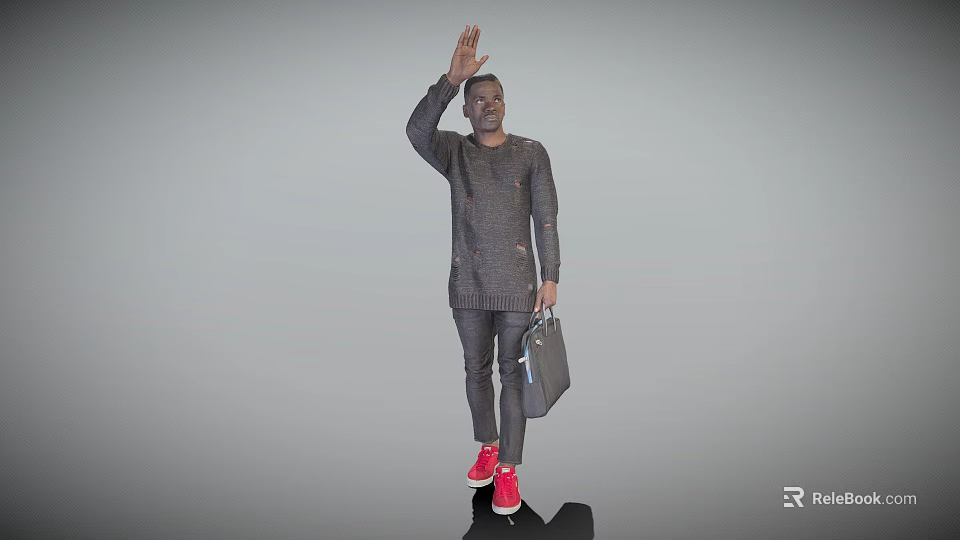Man Waving in Dark Sweater and Pants Holding Briefcase with Red Shoes 3d model 