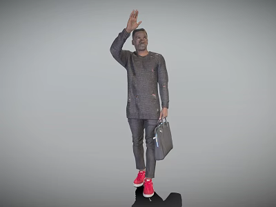 Man Waving in Dark Sweater and Pants Holding Briefcase with Red Shoes 3d model