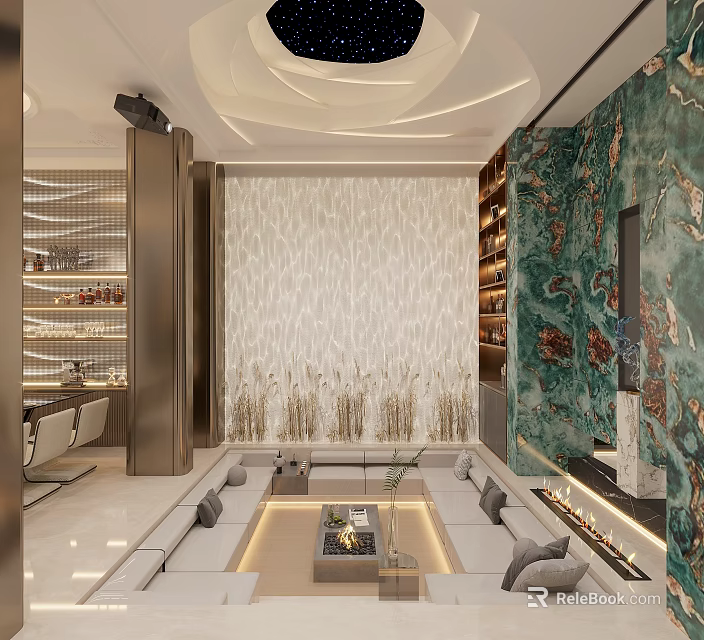 Elegant Modern Home Theater Interior Design With Green Marble Wall And Comfortable Sofa 3d model 