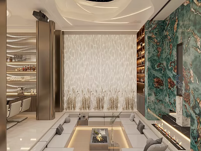 Elegant Modern Home Theater Interior Design With Green Marble Wall And Comfortable Sofa 3d model