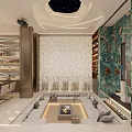 Elegant Modern Home Theater Interior Design With Green Marble Wall And Comfortable Sofa