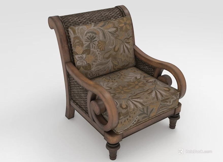 Traditional Wooden Chair With Carved Armrests Floral Patterned Cushion And Rattan Weaving 3d model 
