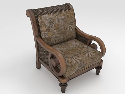 Traditional Wooden Chair With Carved Armrests Floral Patterned Cushion And Rattan Weaving 3d model