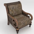 Traditional Wooden Chair With Carved Armrests Floral Patterned Cushion And Rattan Weaving